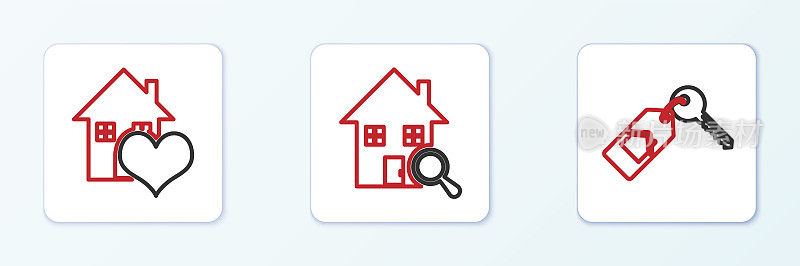 Set line House with key, heart shape和Search House icon。向量